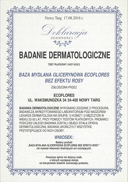 Badania Dermatologiczne Deklaracja Baza mydlana Bez Efektu Rosy Ecoflores
