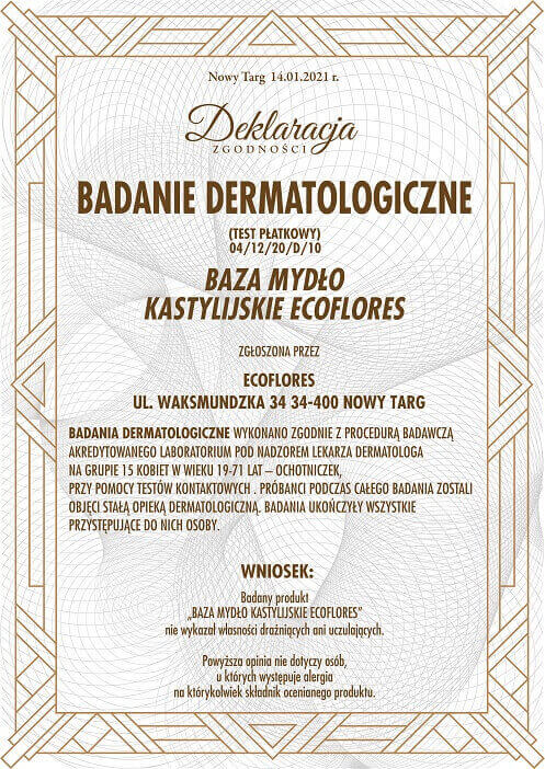 Badania dermatologiczne - Deklaracja - Baza Mydło Kastylijskie Ecoflores