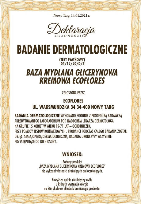 Badania dermatologiczne - Deklaracja - Baza Mydlana Kremowa Ecoflores