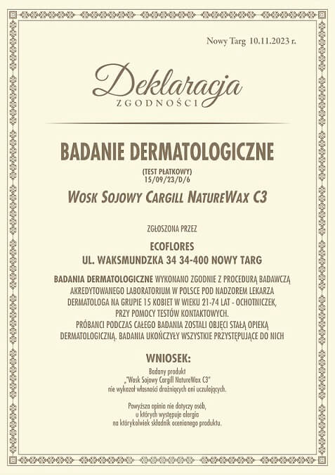 Deklaracja Zgodności Badania Dermatologiczne Wosk Sojowy Cargill NatureWax C3